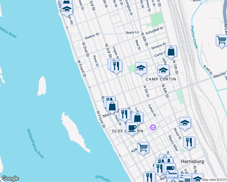 map of restaurants, bars, coffee shops, grocery stores, and more near 2223 Green Street in Harrisburg