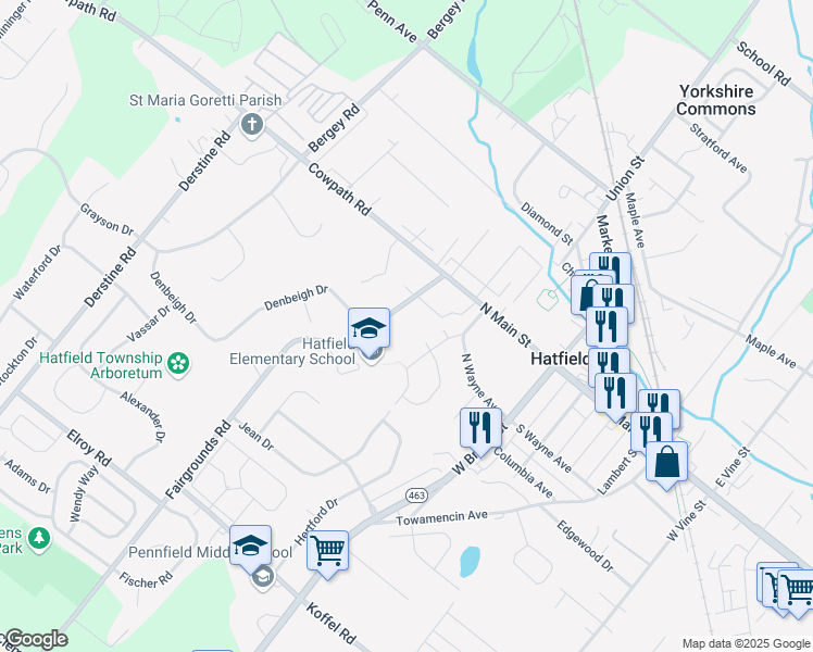 map of restaurants, bars, coffee shops, grocery stores, and more near 1701 Fairgrounds Road in Hatfield