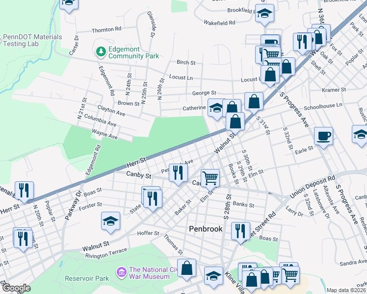 map of restaurants, bars, coffee shops, grocery stores, and more near 2627 Herr Street in Harrisburg