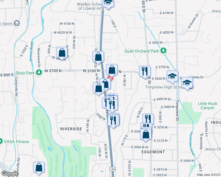 map of restaurants, bars, coffee shops, grocery stores, and more near 3575 100 East in Provo