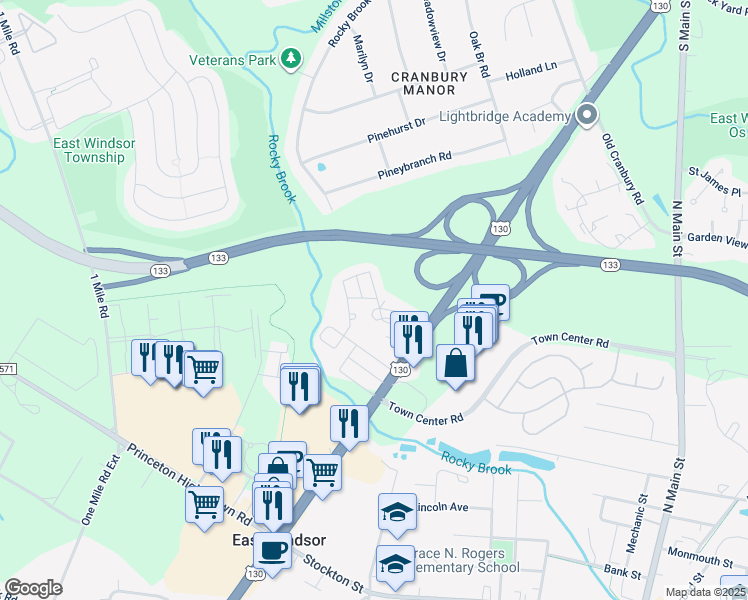 map of restaurants, bars, coffee shops, grocery stores, and more near 17 South Drive in East Windsor