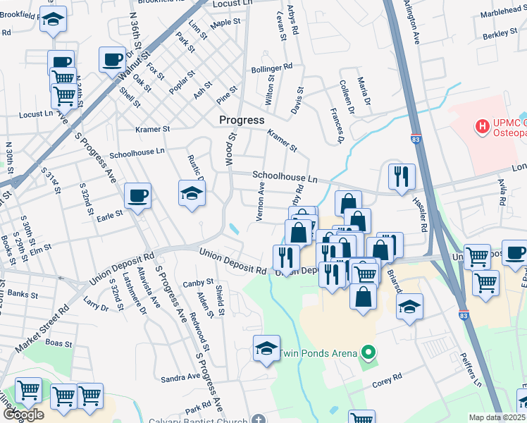map of restaurants, bars, coffee shops, grocery stores, and more near 3801 Bonnybrook Road in Harrisburg