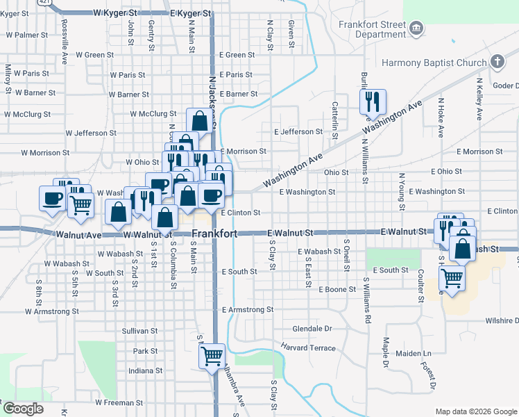 map of restaurants, bars, coffee shops, grocery stores, and more near 408 East Clinton Street in Frankfort
