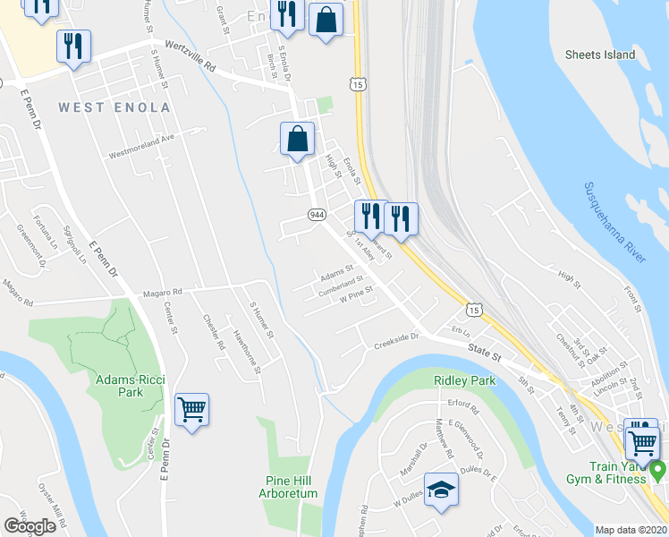 map of restaurants, bars, coffee shops, grocery stores, and more near 5 Adams Street in Enola