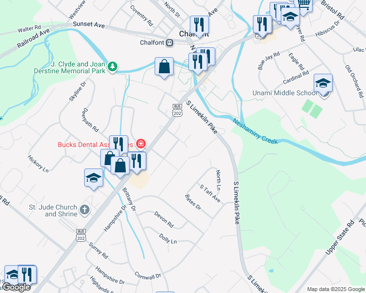 map of restaurants, bars, coffee shops, grocery stores, and more near 22 Wilson Avenue in Chalfont