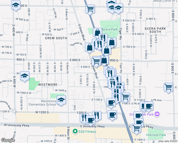 map of restaurants, bars, coffee shops, grocery stores, and more near 165 East 900 South in Orem