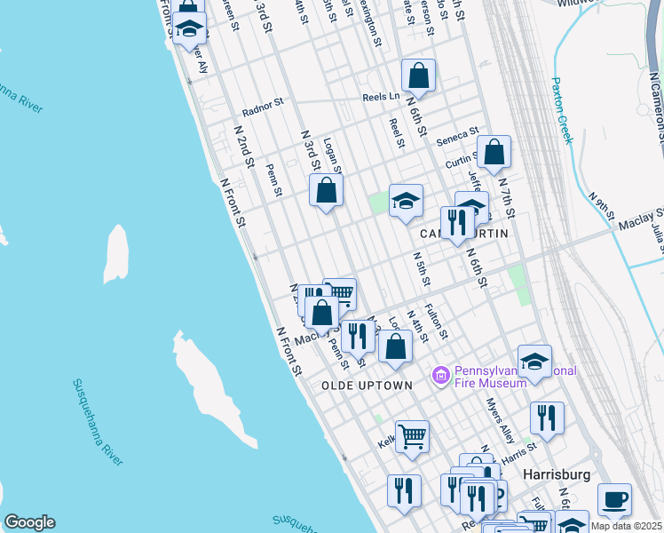 map of restaurants, bars, coffee shops, grocery stores, and more near 2206 Susquehanna Street in Harrisburg