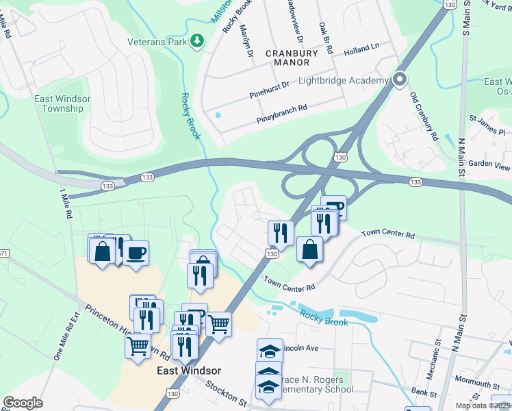 map of restaurants, bars, coffee shops, grocery stores, and more near 17 South Drive in East Windsor