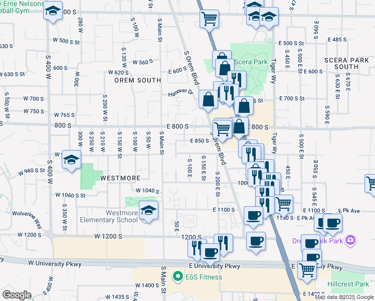 map of restaurants, bars, coffee shops, grocery stores, and more near 95 East 900 South in Orem