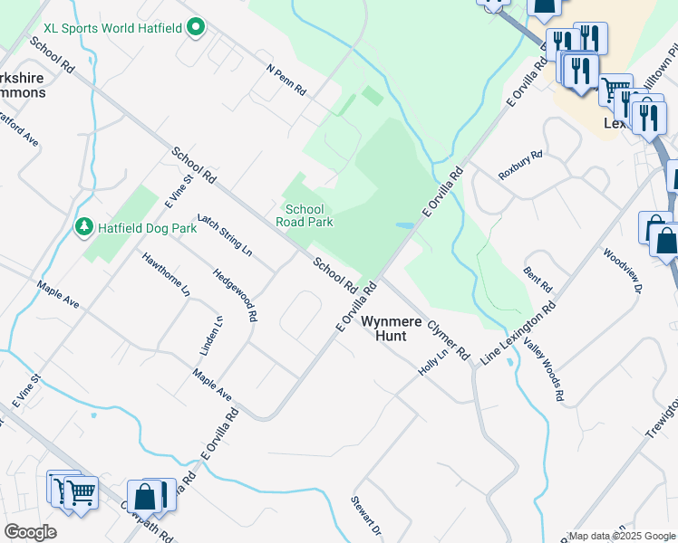 map of restaurants, bars, coffee shops, grocery stores, and more near 1525 School Road in Hatfield