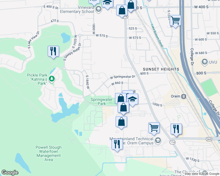 map of restaurants, bars, coffee shops, grocery stores, and more near 857 Artesia Road in Orem