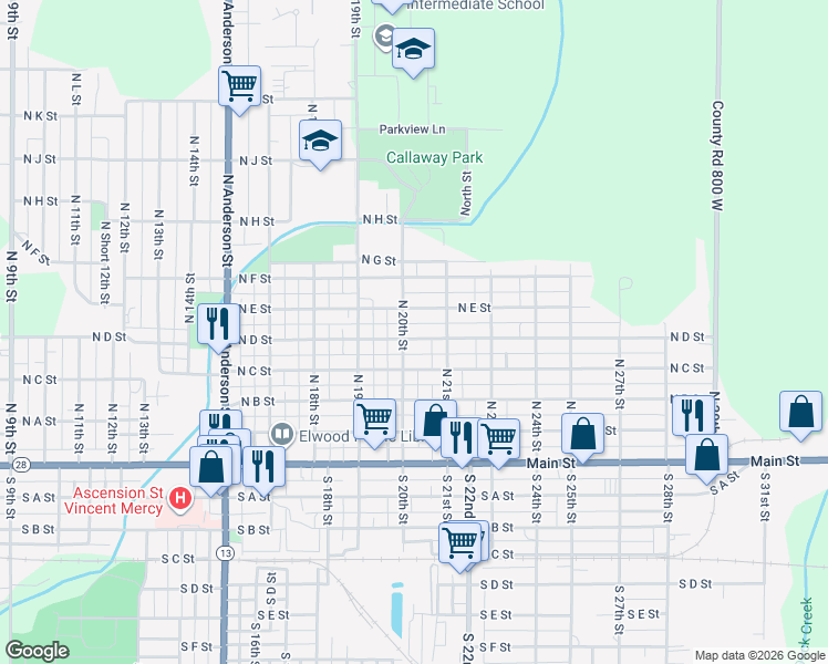 map of restaurants, bars, coffee shops, grocery stores, and more near 2008 North D Street in Elwood