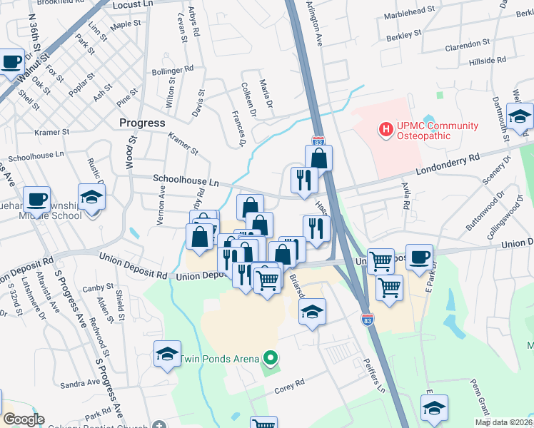map of restaurants, bars, coffee shops, grocery stores, and more near 4011 Eastbrook Road in Harrisburg