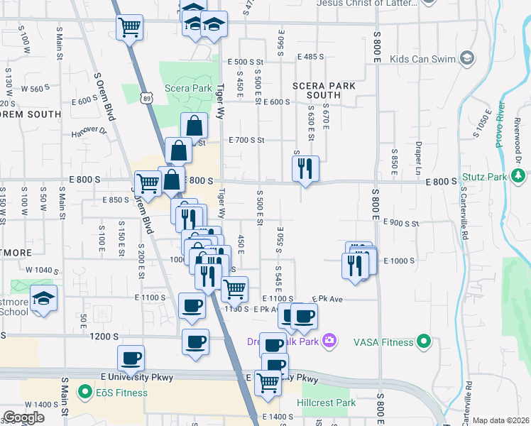 map of restaurants, bars, coffee shops, grocery stores, and more near 876 South 550 East in Orem