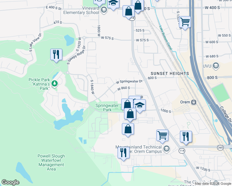 map of restaurants, bars, coffee shops, grocery stores, and more near 857 Artesia Road in Orem