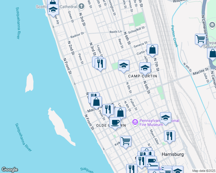 map of restaurants, bars, coffee shops, grocery stores, and more near 320 Woodbine Street in Harrisburg