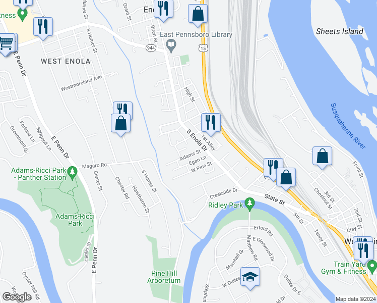 map of restaurants, bars, coffee shops, grocery stores, and more near 1 Adams Street in Enola