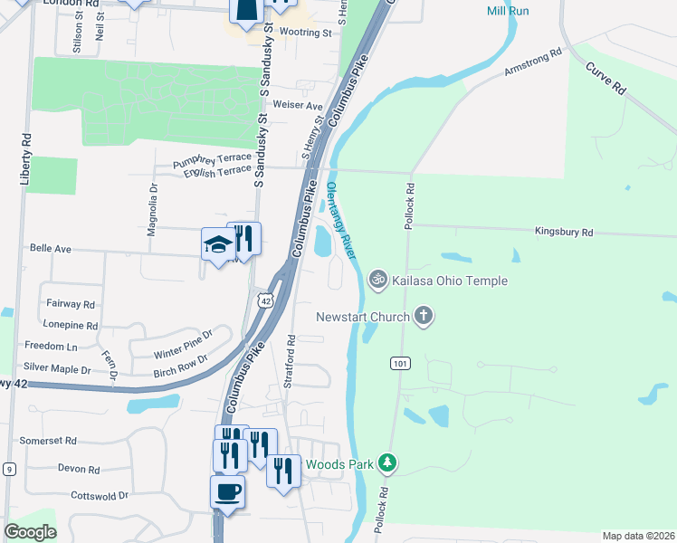 map of restaurants, bars, coffee shops, grocery stores, and more near 615 Stratford Road in Delaware