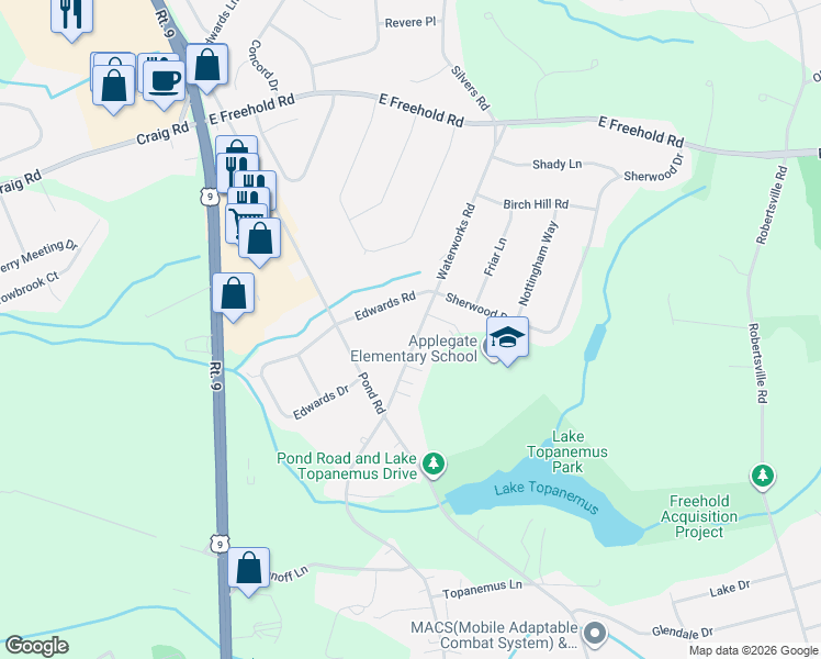 map of restaurants, bars, coffee shops, grocery stores, and more near 836 Waterworks Road in Freehold