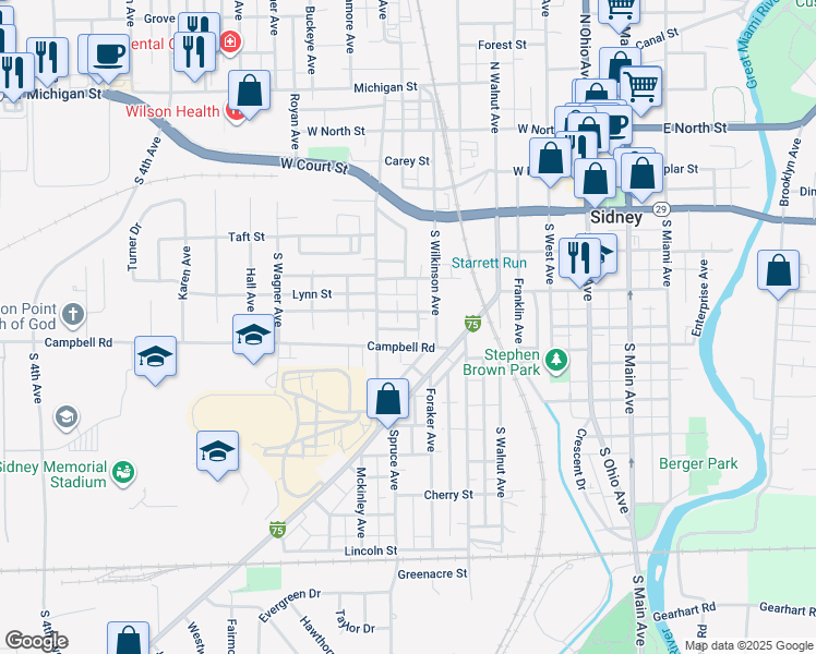 map of restaurants, bars, coffee shops, grocery stores, and more near 527 Rauth Street in Sidney