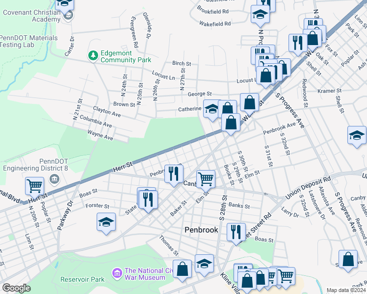 map of restaurants, bars, coffee shops, grocery stores, and more near 2627 Herr Street in Harrisburg