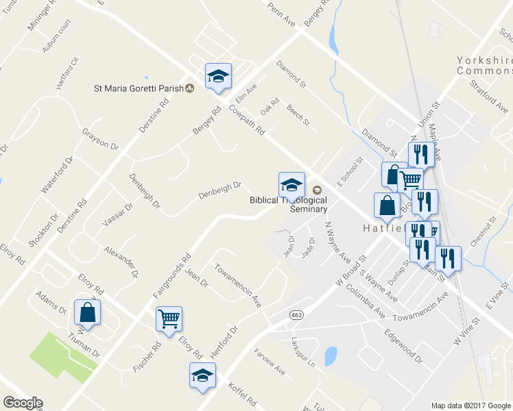 map of restaurants, bars, coffee shops, grocery stores, and more near 2806 Denbeigh Drive in Hatfield