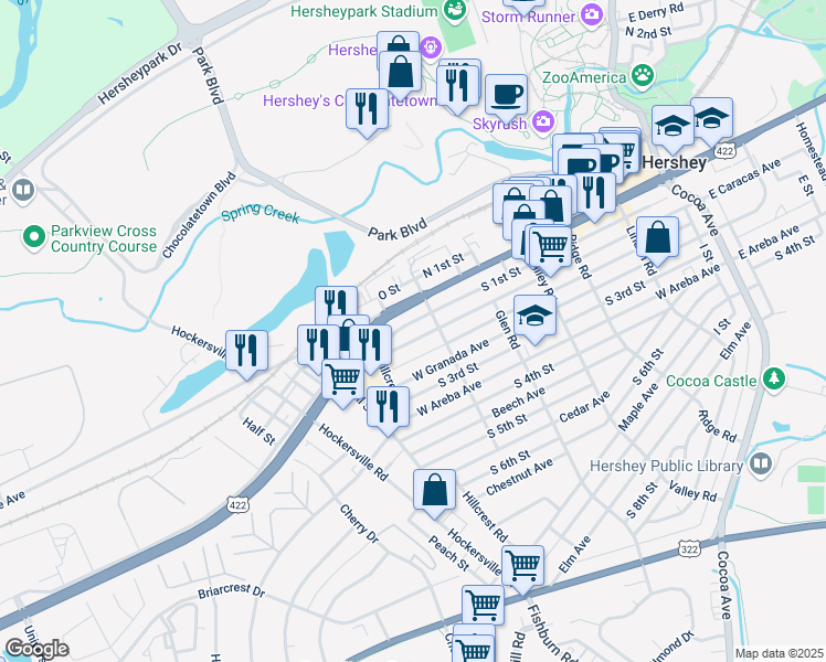 map of restaurants, bars, coffee shops, grocery stores, and more near 523 W Caracas Ave in Hershey