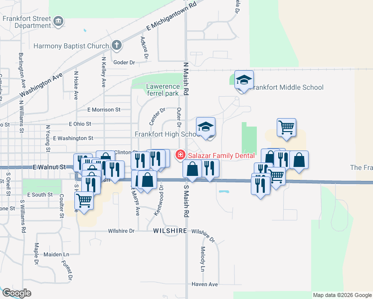 map of restaurants, bars, coffee shops, grocery stores, and more near 1 South Maish Road in Frankfort
