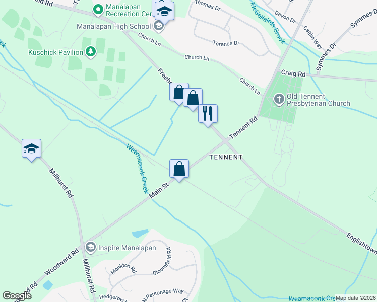 map of restaurants, bars, coffee shops, grocery stores, and more near Main Street in Englishtown