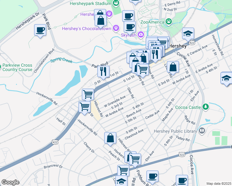 map of restaurants, bars, coffee shops, grocery stores, and more near 450 W Caracas Ave in Hershey