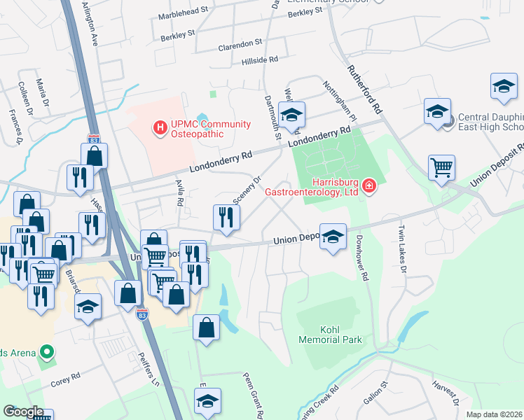 map of restaurants, bars, coffee shops, grocery stores, and more near 1007 Buttonwood Dr in Harrisburg