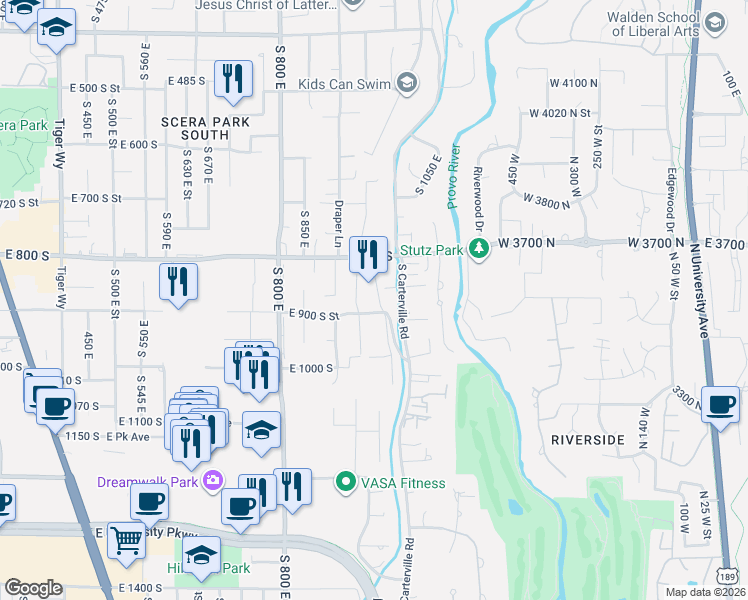 map of restaurants, bars, coffee shops, grocery stores, and more near 888 South 1000 East in Orem