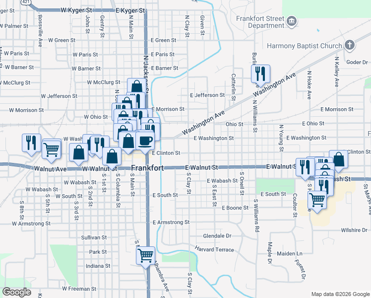 map of restaurants, bars, coffee shops, grocery stores, and more near 408 E Clinton St in Frankfort