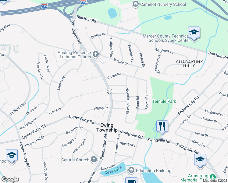 map of restaurants, bars, coffee shops, grocery stores, and more near 1 Woodbury Road in Ewing Township