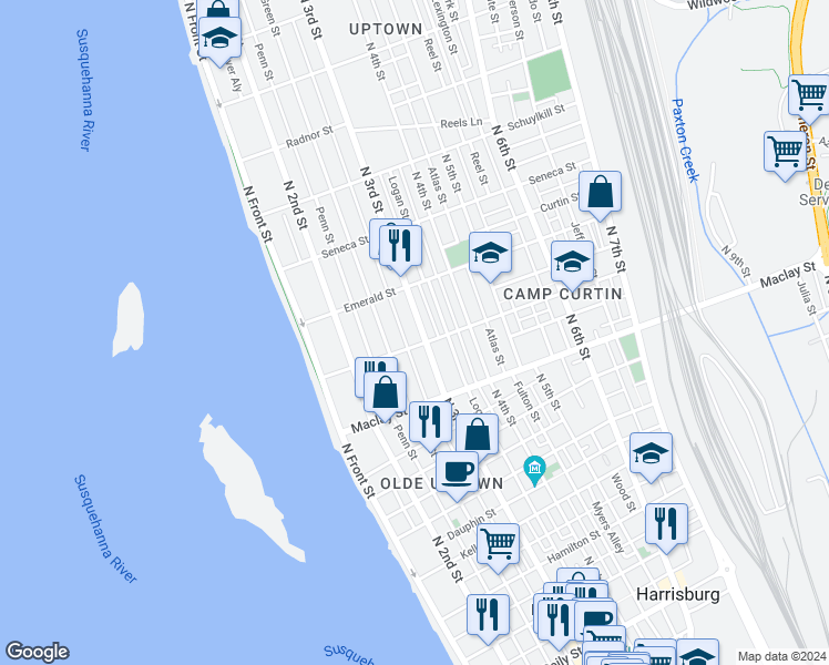 map of restaurants, bars, coffee shops, grocery stores, and more near 2206 North 3rd Street in Harrisburg