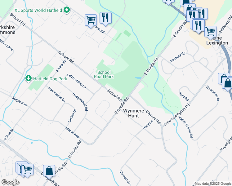 map of restaurants, bars, coffee shops, grocery stores, and more near 1525 School Road in Hatfield