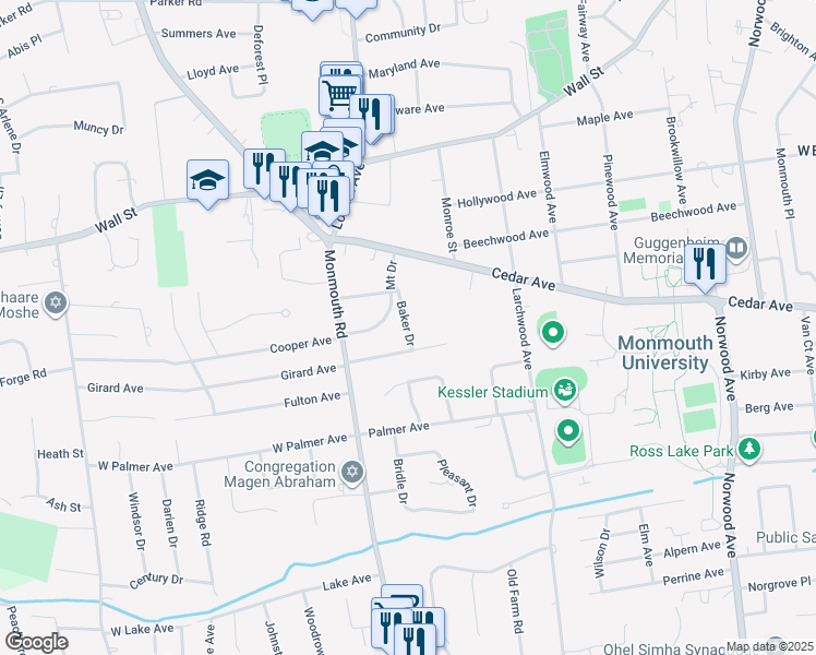 map of restaurants, bars, coffee shops, grocery stores, and more near Baker Drive in West Long Branch