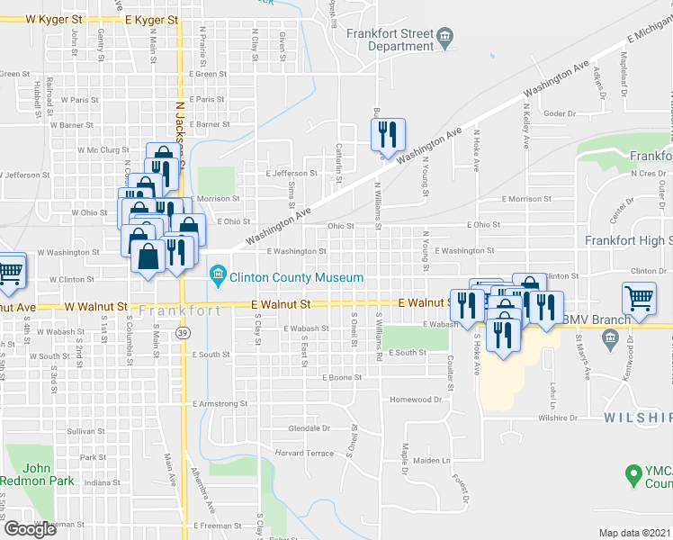 map of restaurants, bars, coffee shops, grocery stores, and more near 804 East Clinton Street in Frankfort