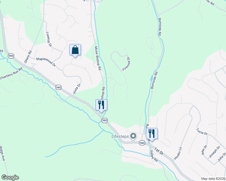 map of restaurants, bars, coffee shops, grocery stores, and more near White Oak Circle in Canonsburg