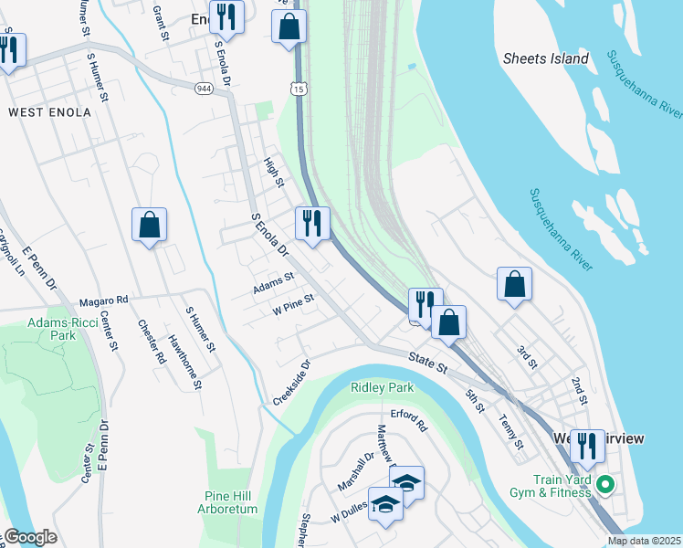 map of restaurants, bars, coffee shops, grocery stores, and more near 30 East Pine Street in Enola