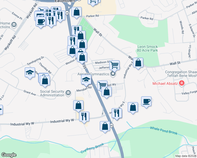 map of restaurants, bars, coffee shops, grocery stores, and more near 212 Mill Pond Way in Eatontown
