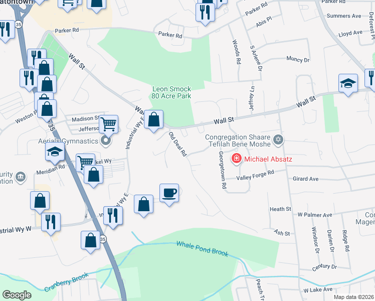 map of restaurants, bars, coffee shops, grocery stores, and more near 64 Jamestown Drive in Eatontown