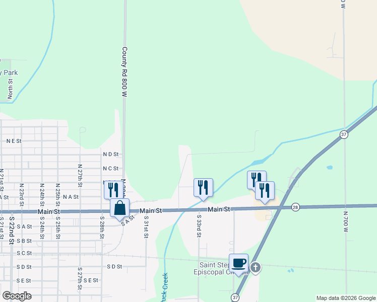 map of restaurants, bars, coffee shops, grocery stores, and more near 12253 North Jackley Road in Elwood