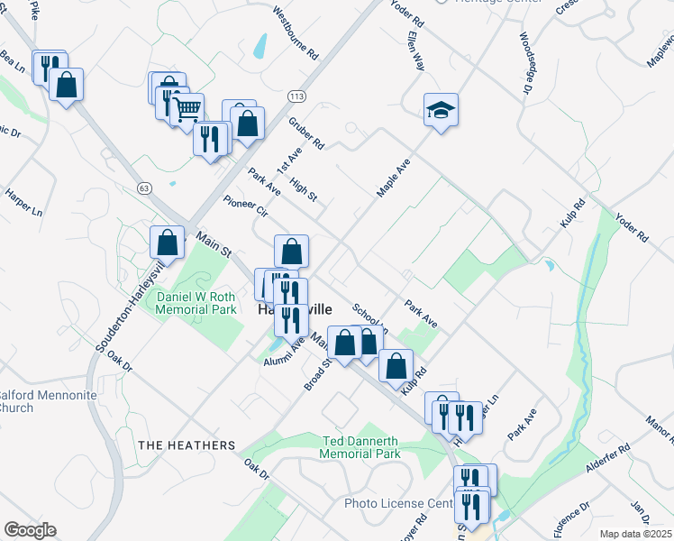 map of restaurants, bars, coffee shops, grocery stores, and more near 258 Grace Lane in Harleysville