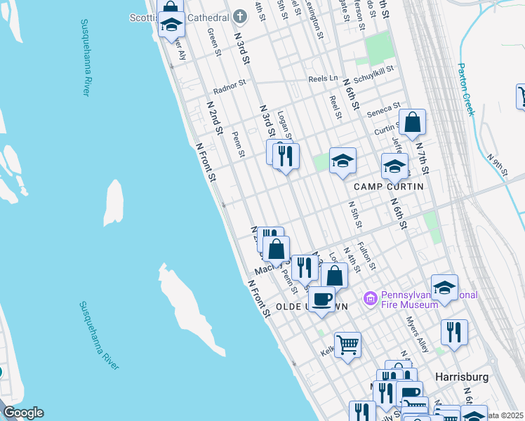 map of restaurants, bars, coffee shops, grocery stores, and more near 2221 Penn Street in Harrisburg
