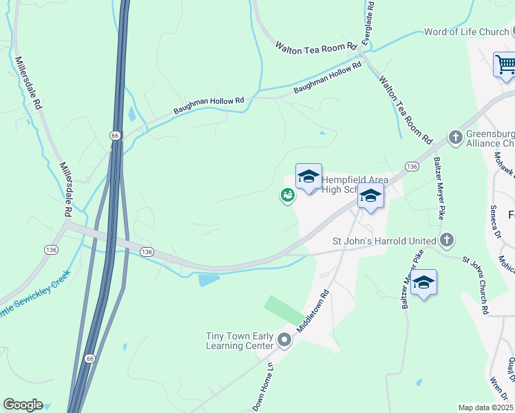 map of restaurants, bars, coffee shops, grocery stores, and more near 4345 Pennsylvania 136 in Greensburg