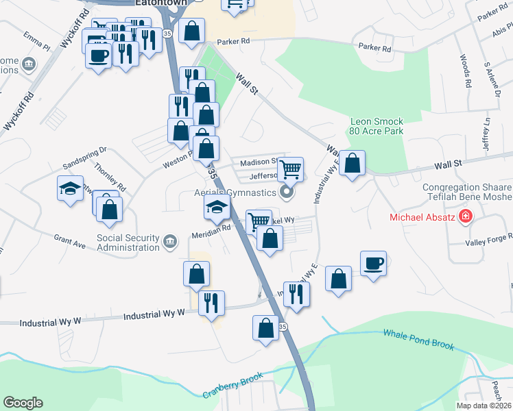 map of restaurants, bars, coffee shops, grocery stores, and more near 212 Mill Pond Way in Eatontown