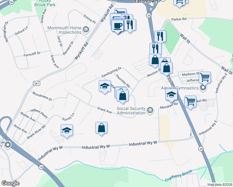 map of restaurants, bars, coffee shops, grocery stores, and more near 38 Brentwood Road in Eatontown