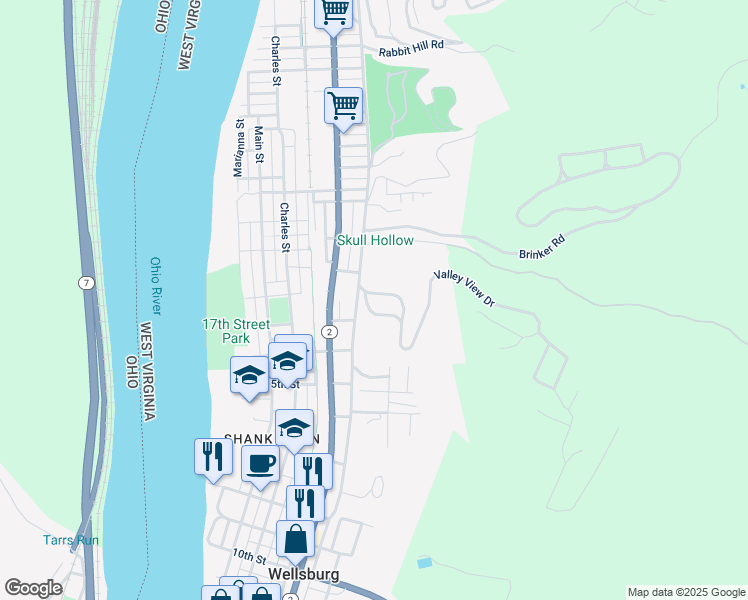 map of restaurants, bars, coffee shops, grocery stores, and more near 114 Caldwell Ave in Wellsburg