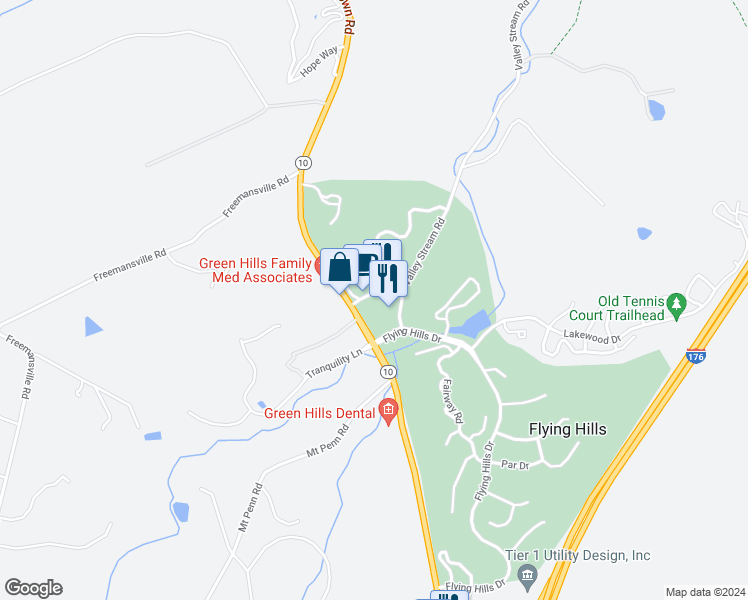 map of restaurants, bars, coffee shops, grocery stores, and more near 18 Village Center Drive in Reading